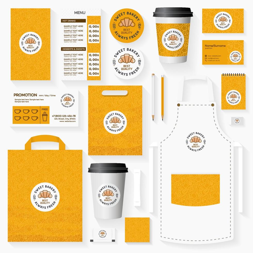 Sweet bakery corporate identity template set with logo of croissant for cupcake firm vector