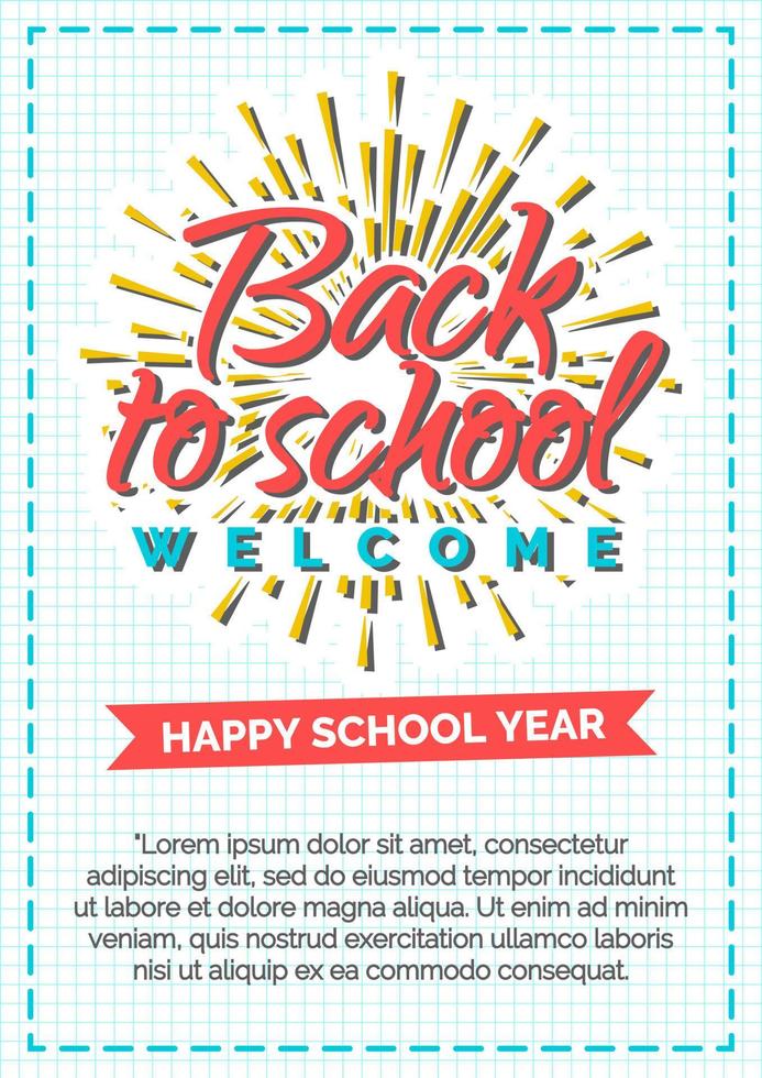 tarjeta de regreso a la escuela con etiqueta de color que consiste en rayos de sol y firmar feliz año escolar en cinta roja vector