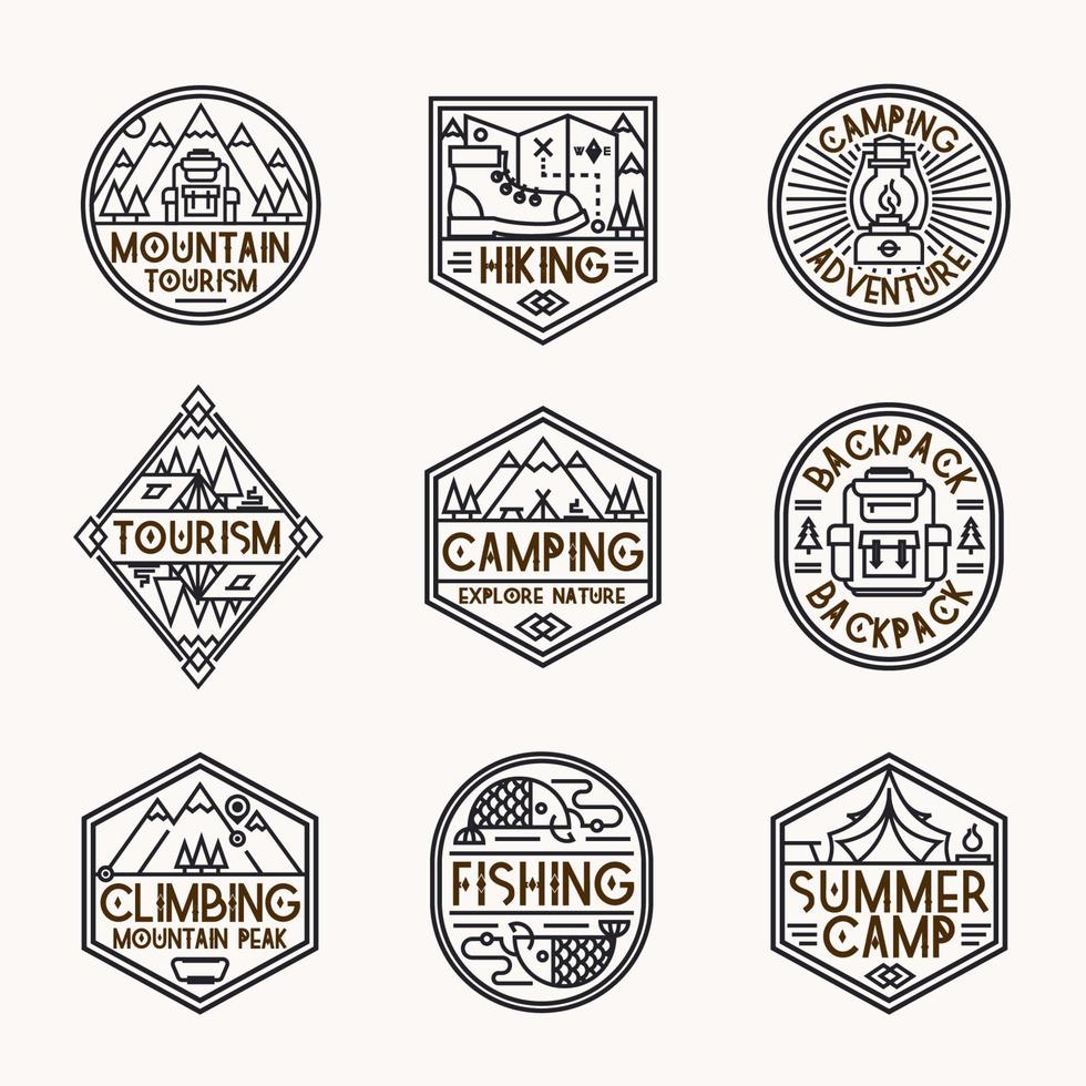Camping logo set line style with mountains, backpack, tent, fish, camp and trees for tourist symbol vector