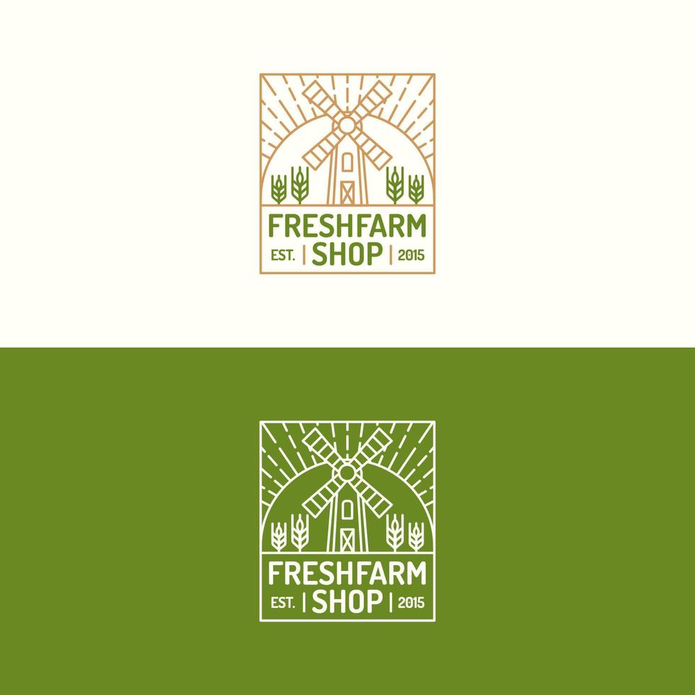 Fresh farm shop logo set color line with mill and wheat for nature firm, garden, healthy food market vector