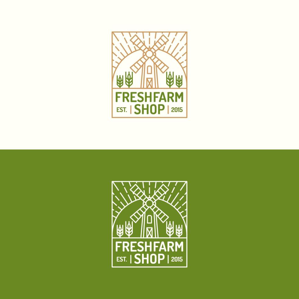 Fresh farm shop logo set color line with mill and wheat for nature firm, garden, healthy food market vector