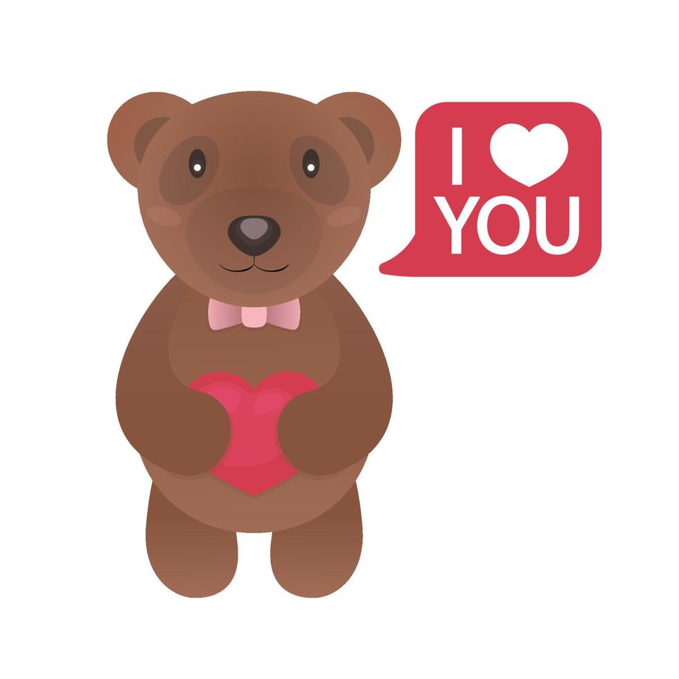 Valentine bear with heart and speech bubble with sign i love you isolated on white background for use greeting card, stamps, label, posters and romantic quote. Vector Illustration