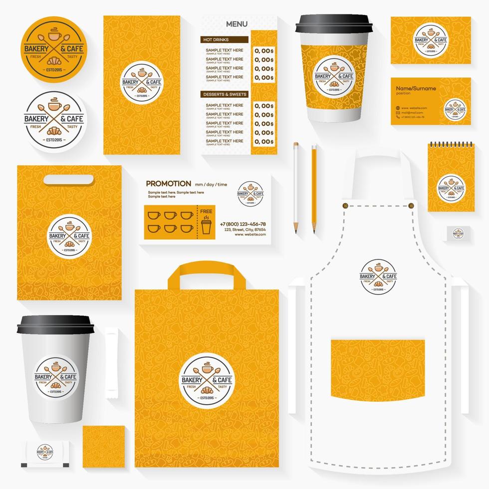 Bakery and cafe corporate identity template set with logo of croissant, cup and spoons vector