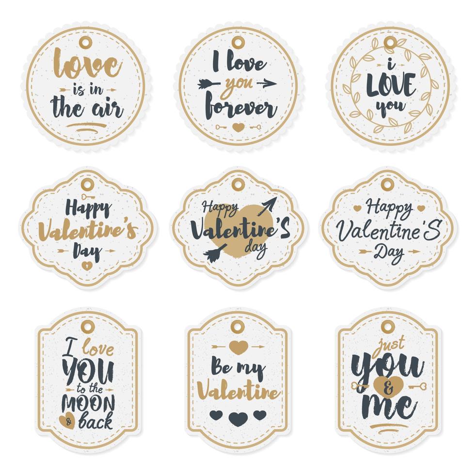 feliz día de san valentín conjunto de etiquetas con hermosas felicitaciones letras estilo tipografía dorada y diferentes formas sobre fondo blanco. elemento de decoración navideña. ilustración vectorial vector