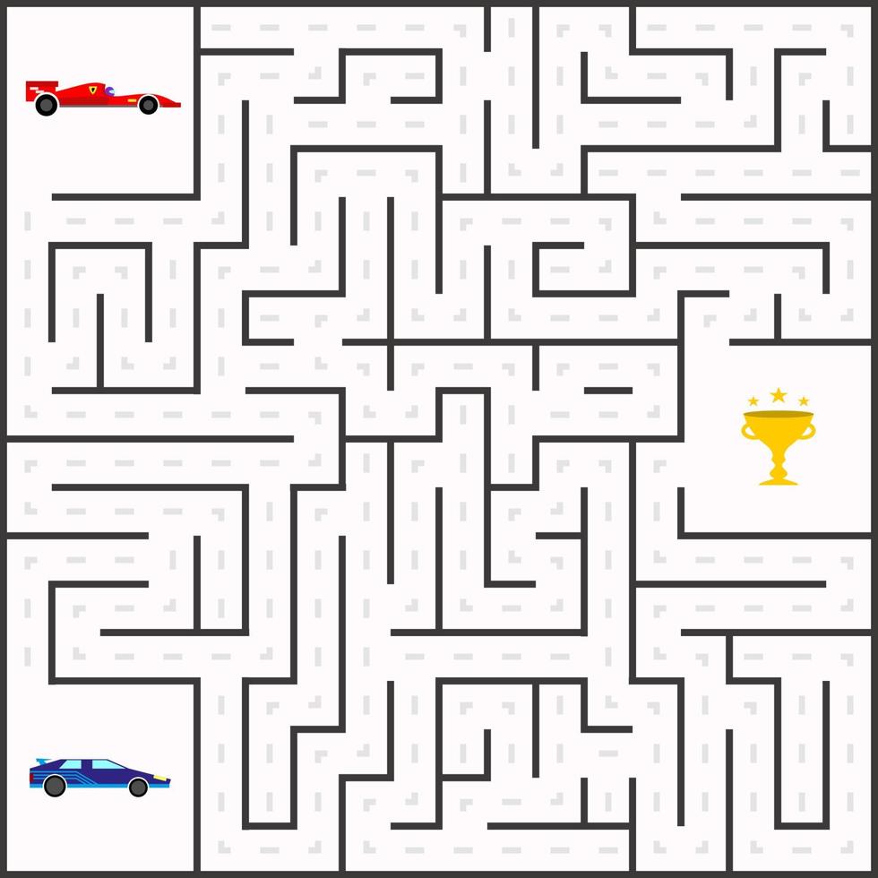 Labyrinth kids game with sport cars and golden cup. vector