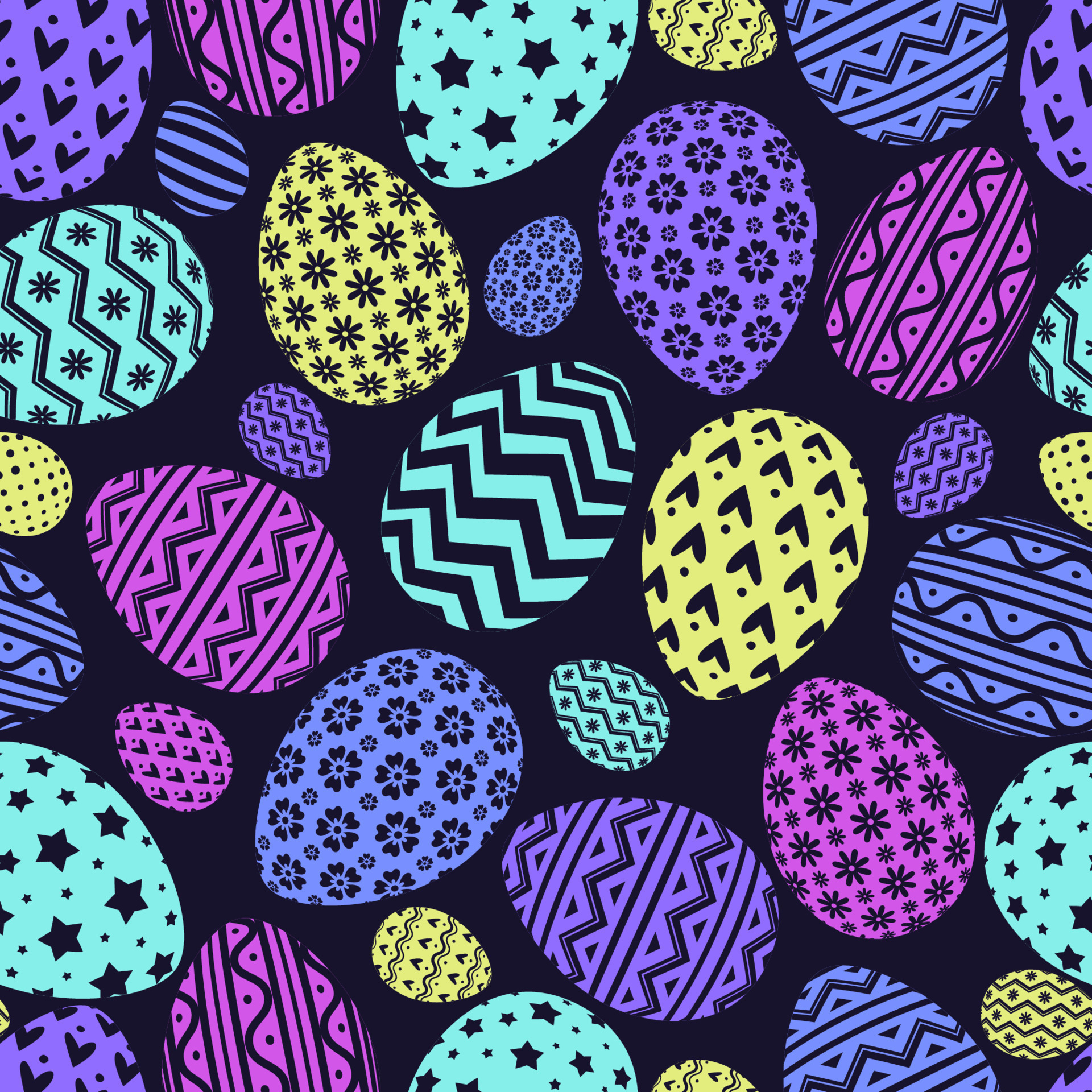 Easter eggs pattern colorful style on dark background with different