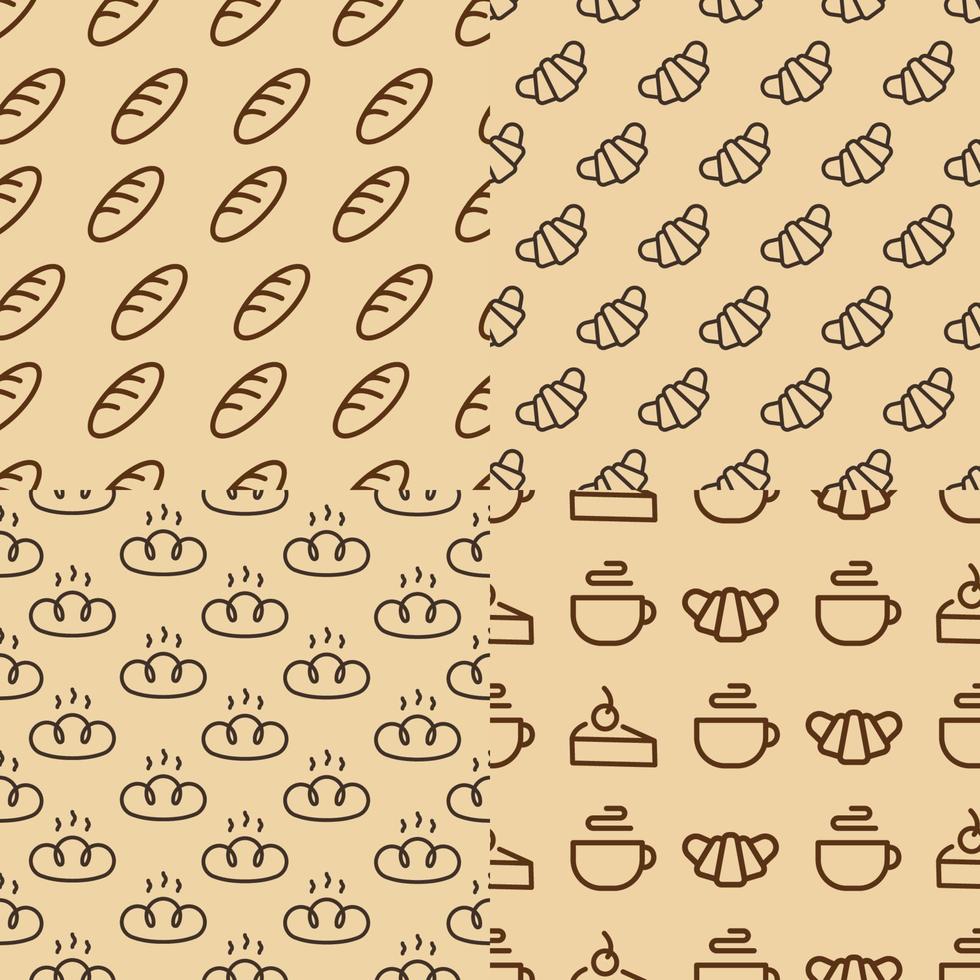 Bakery seamless pattern set consisting of bread, croissant, cup of tea, cake for loaf store vector