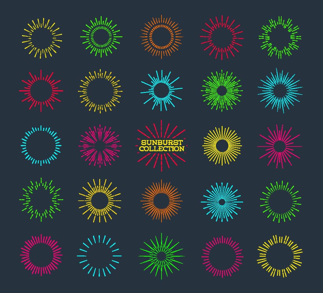 Vector bright sunburst different color, neon stars, rays of light.