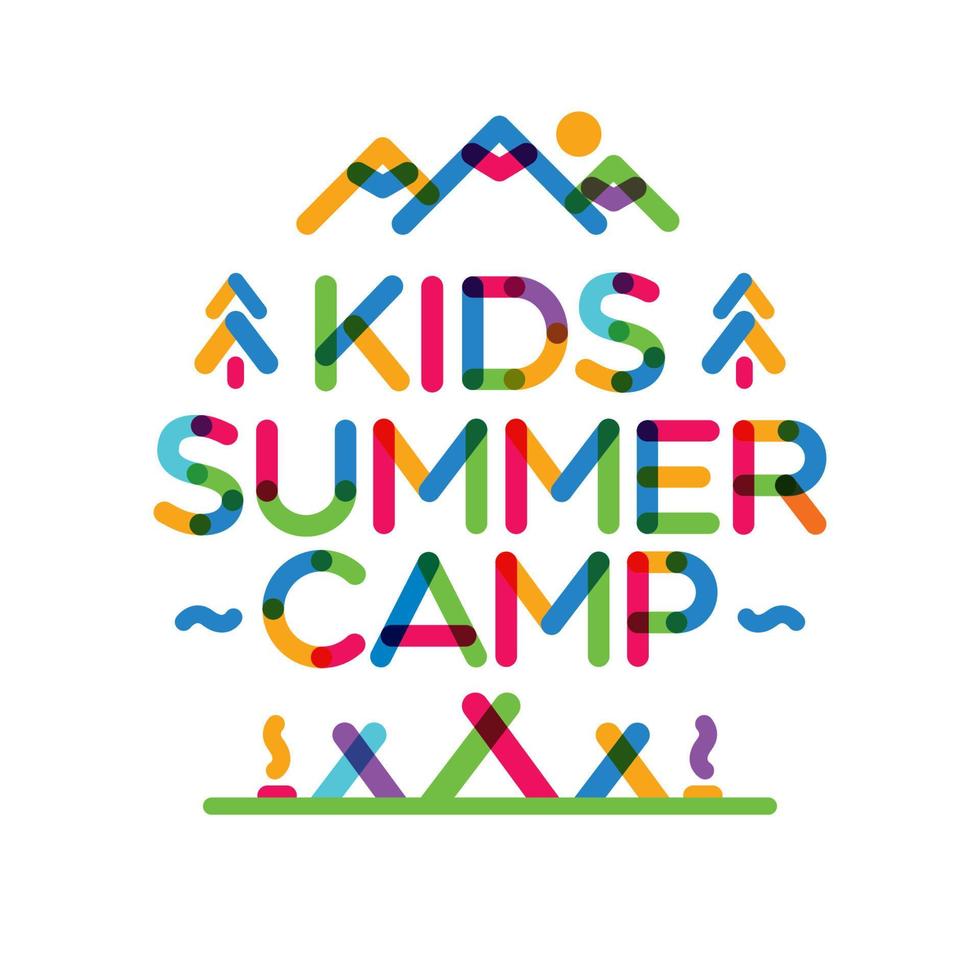 tarjeta de campamento de verano para niños con paisaje natural que consta de montañas, árboles, carpa y fogata vector