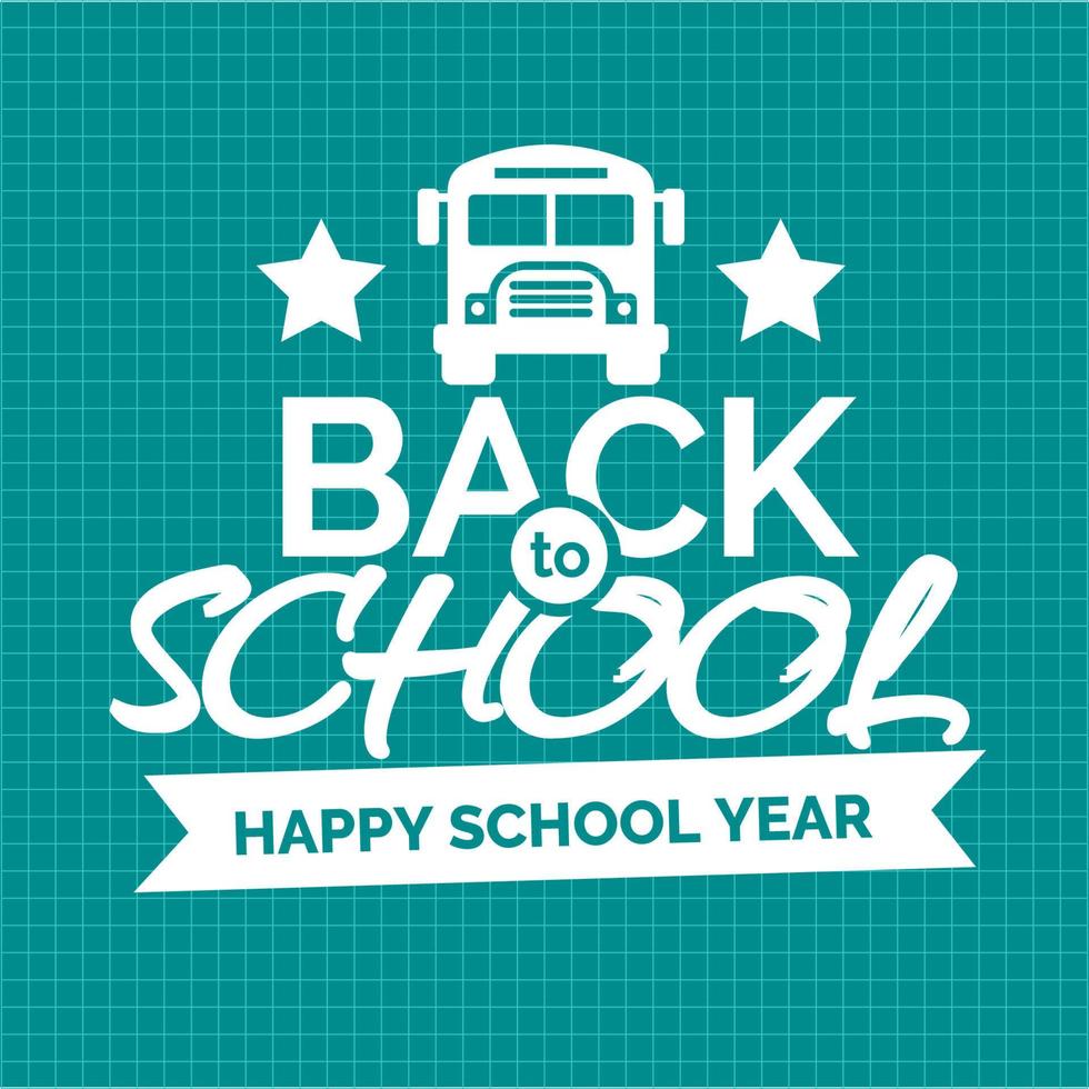 Back to school card with white label and school bus on checkered background. vector