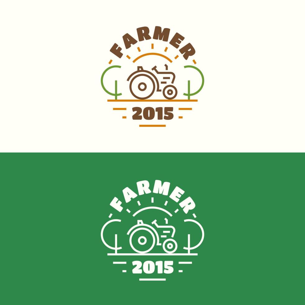 Farmer emblem set with tractor, field, tree and sun color line style for farming vector