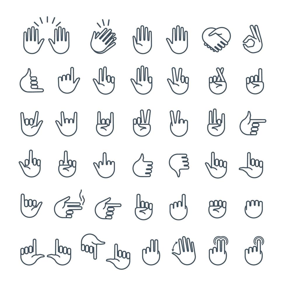 Hand gesture line icon set in modern geometric style with construction lines for app design project. Vector Illustration. Vector Illustration