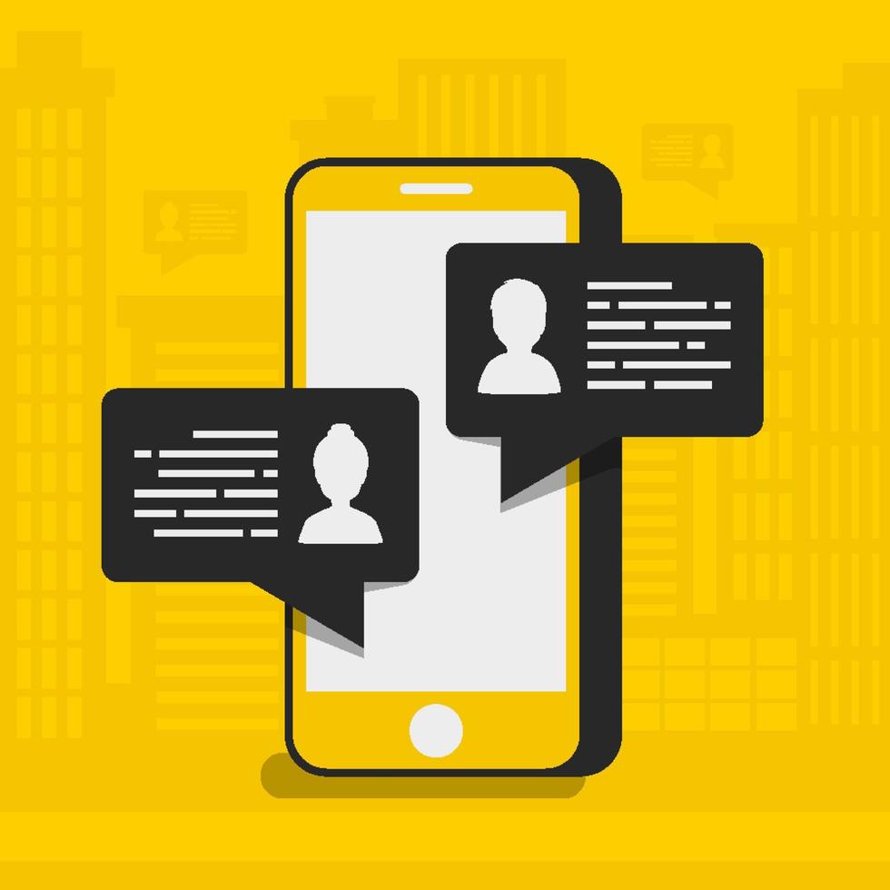 Chatting concept with phone on yellow city background vector