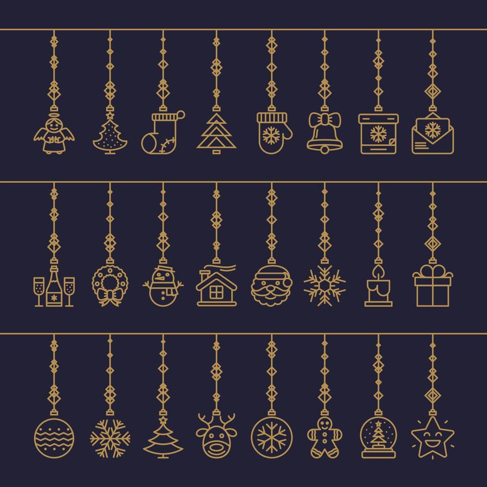 Christmas toy set line style gold color isolated on cyan background for poster, sale vector