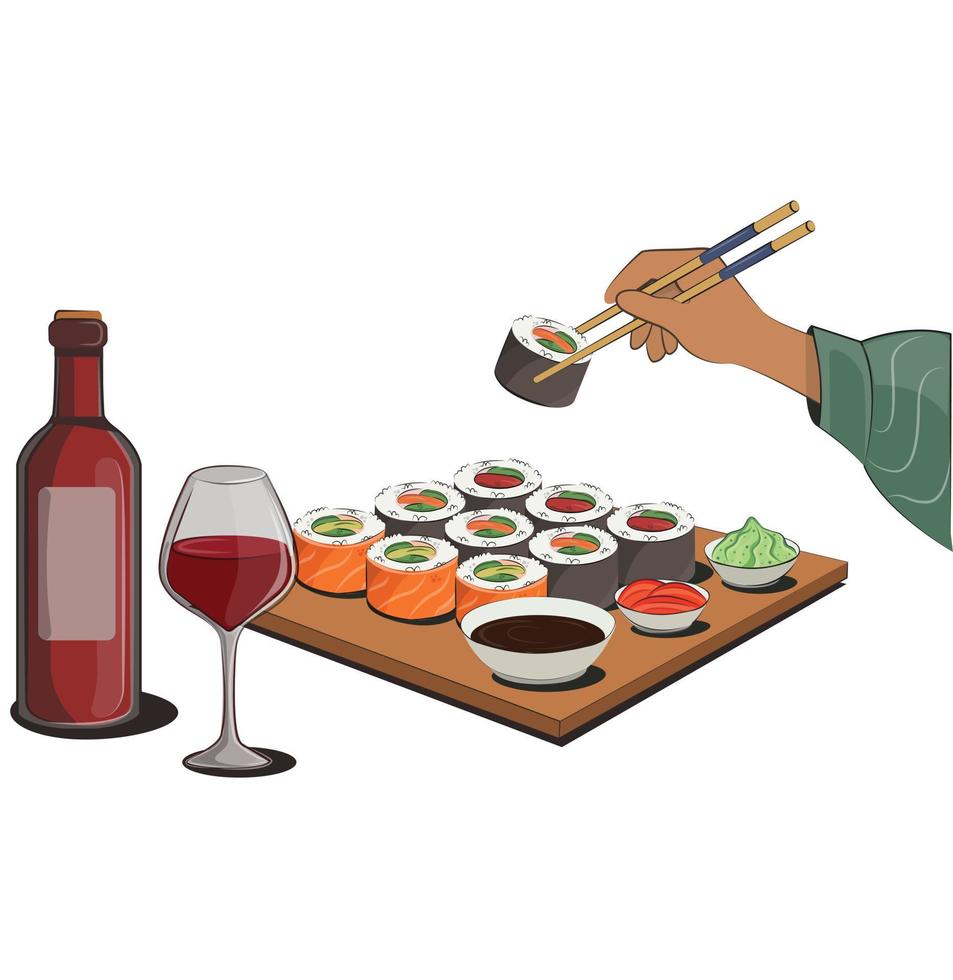 cocina japonesa, comida. brazos con palillos para carteles y menús de restaurantes. sitios de entrega vector ilustración plana aislado sobre fondo blanco. conjunto de salsa de soja onigiri de rollos de sushi. imagen de stock.