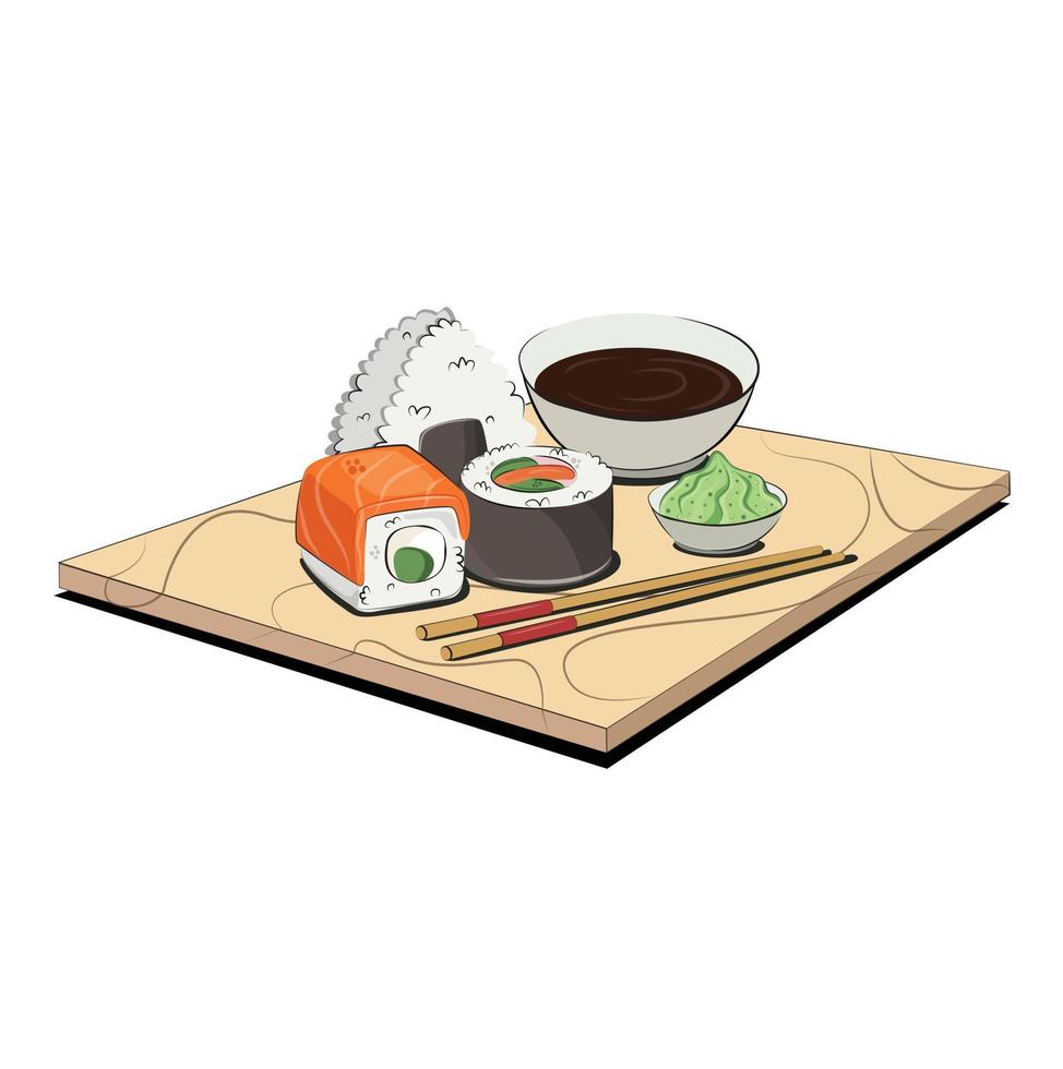 Japanese cuisine, food. for restaurant menus and posters. delivery sites vector flat illustration isolated on white background. sushi rolls onigiri soy sauce set. stock picture.