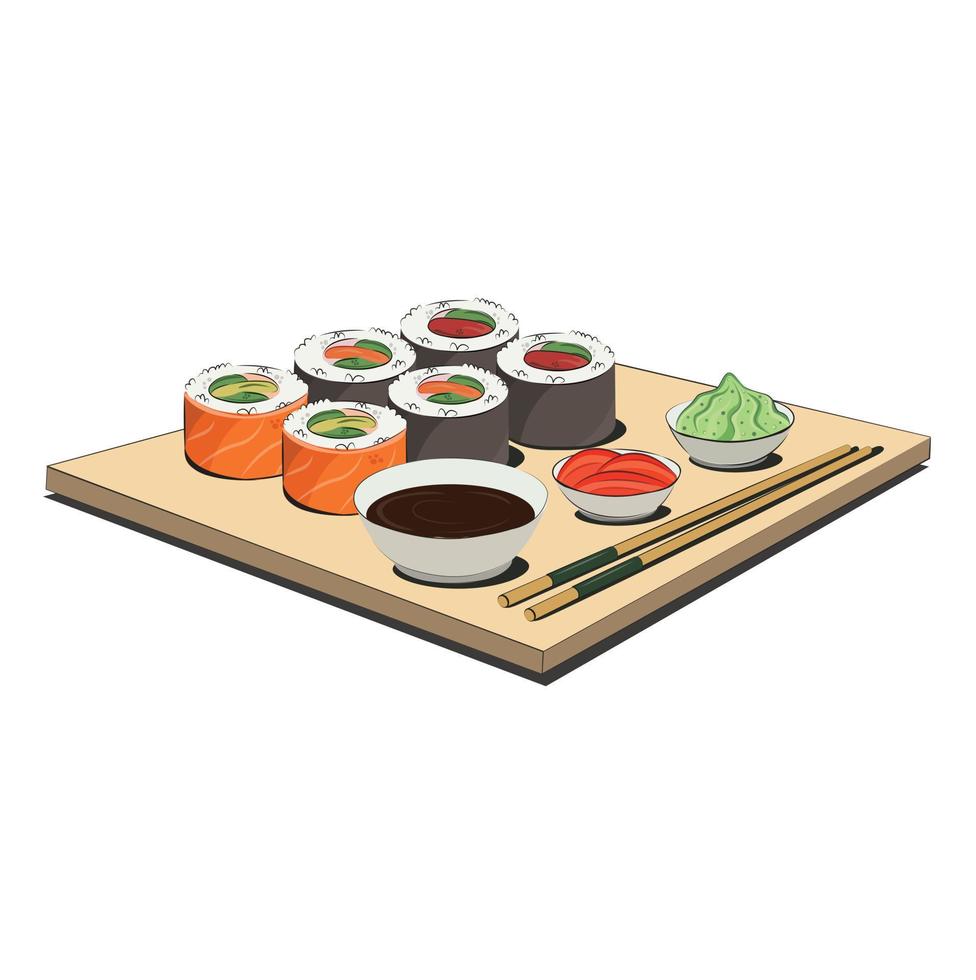 cocina japonesa, comida. para menús de restaurantes y carteles. sitios de entrega vector ilustración plana aislado sobre fondo blanco. conjunto de salsa de soja onigiri de rollos de sushi. imagen de stock.