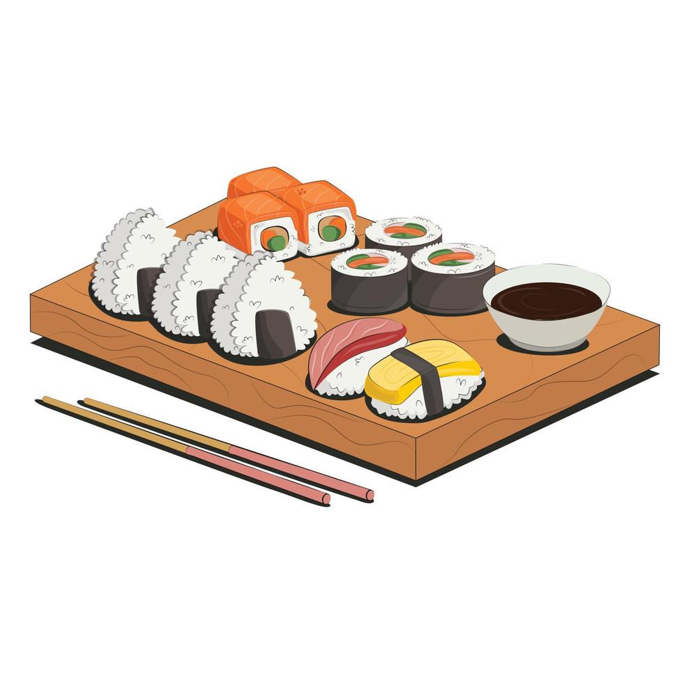 Japanese cuisine, food. for restaurant menus and posters. delivery sites vector flat illustration isolated on white background. sushi rolls onigiri soy sauce set. stock picture.