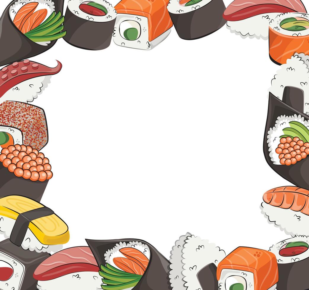 Japanese cuisine, set food. for restaurant menus and posters.   delivery sites vector flat illustration isolated on white frame background. sushi rolls onigiri soy sauce set. stock picture.