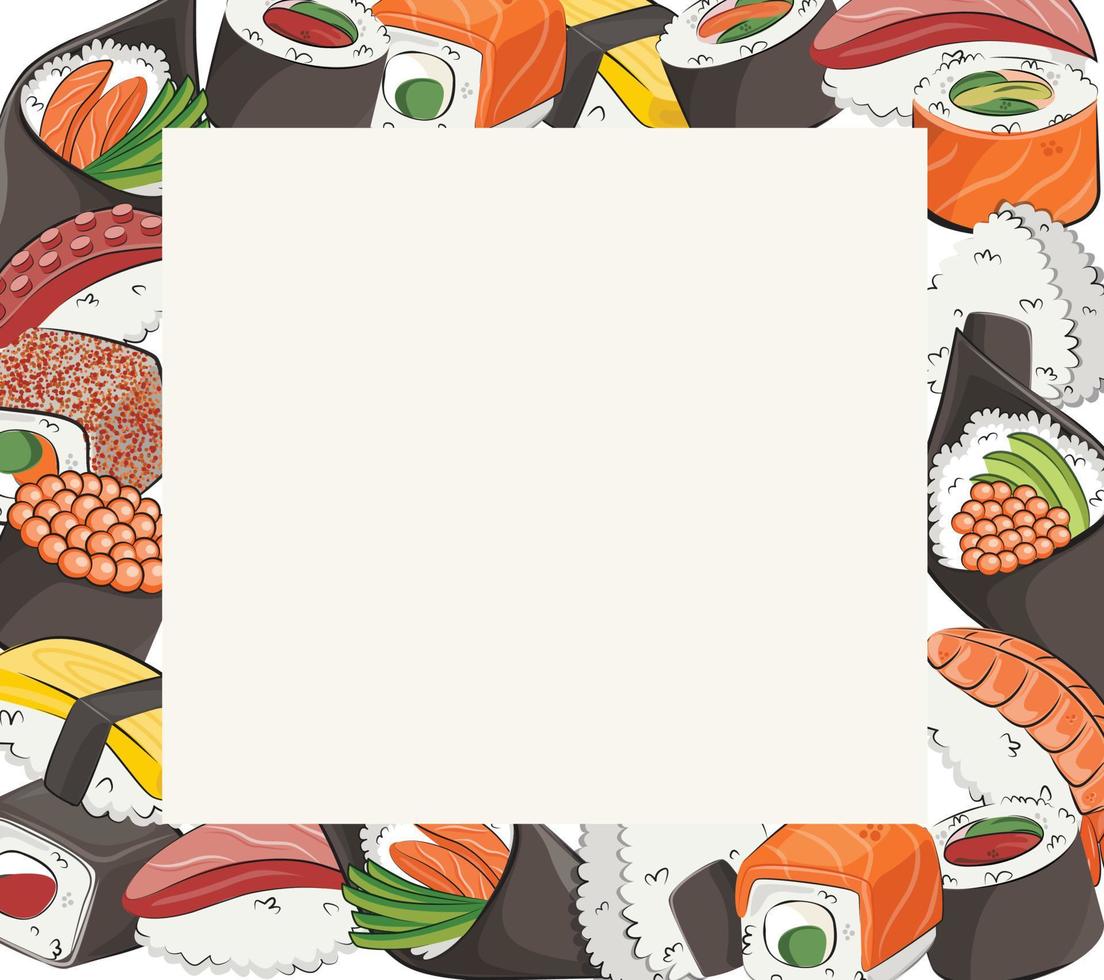 cocina japonesa, comida preparada. para menús de restaurantes y carteles. sitios de entrega vector ilustración plana aislada sobre fondo de marco blanco. conjunto de salsa de soja onigiri de rollos de sushi. imagen de stock.