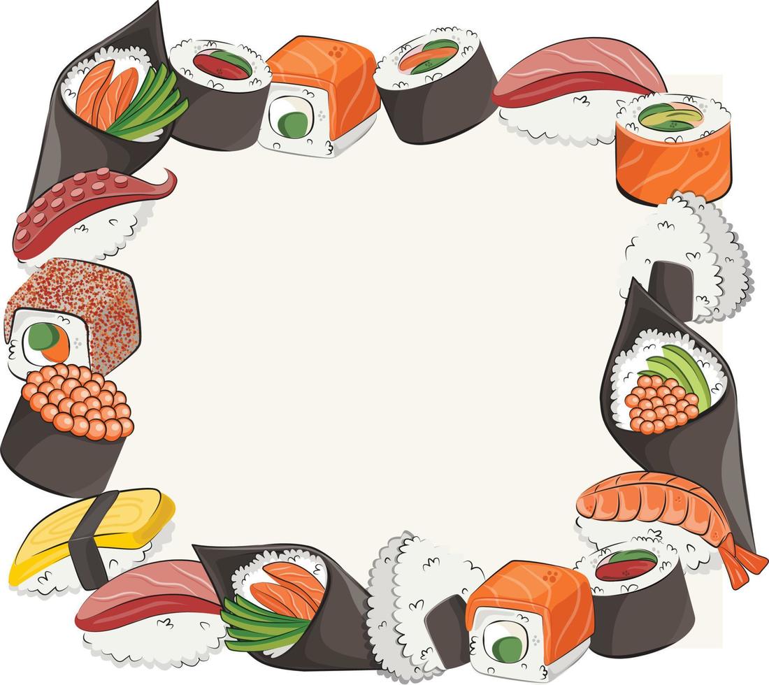 Japanese cuisine, set food. for restaurant menus and posters.   delivery sites vector flat illustration isolated on white frame background. sushi rolls onigiri soy sauce set. stock picture.