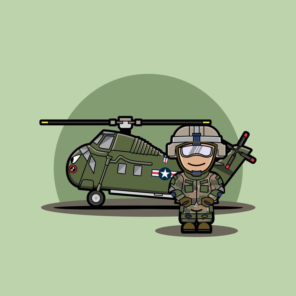 Helicóptero de vehículo militar lindo icónico con soldado vector