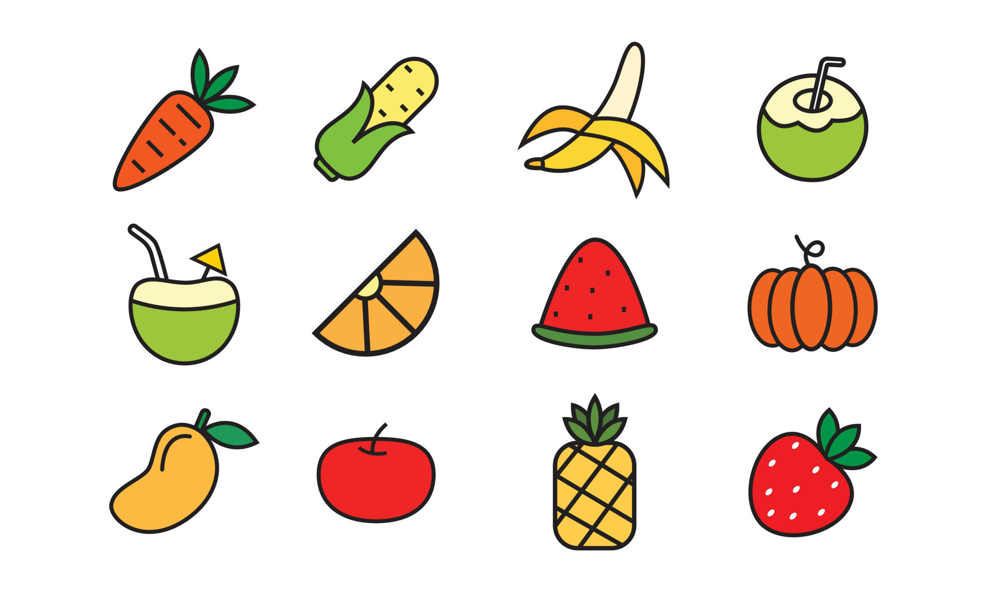 Set of cute fruits icon. Minimalist fruits symbol for graphic design