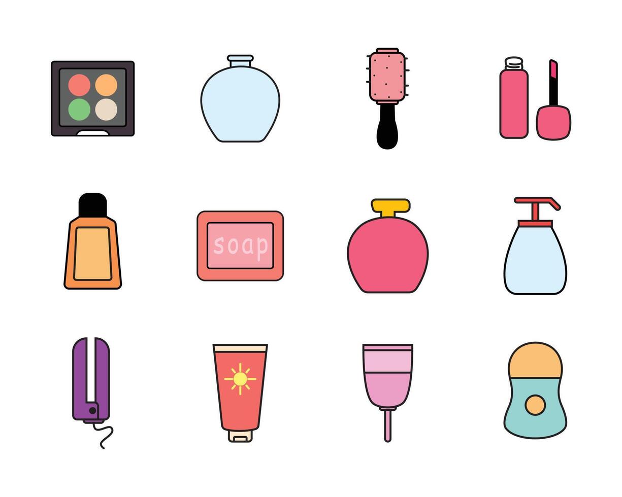 conjunto de diseño de icono de belleza de icono de color. lindas cosas de belleza para mujer vector