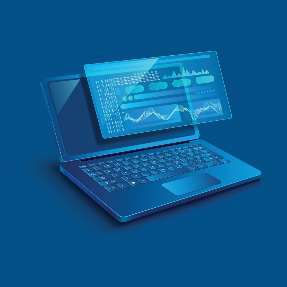 The computer circuit board and the programming code and the software system are on the screen of the laptop computer vector