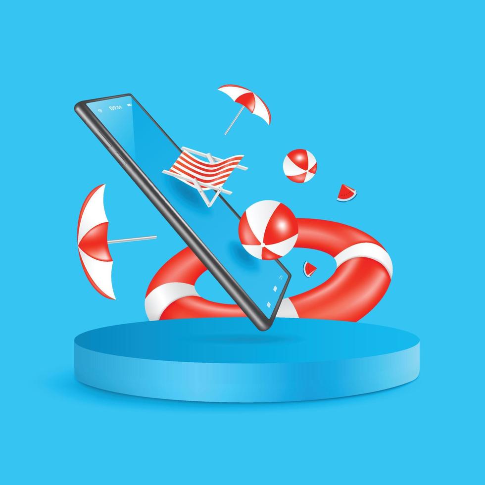 Deck chairs, umbrellas, volleyball, and lifebuoys floating around a smartphone floating on a round podium vector