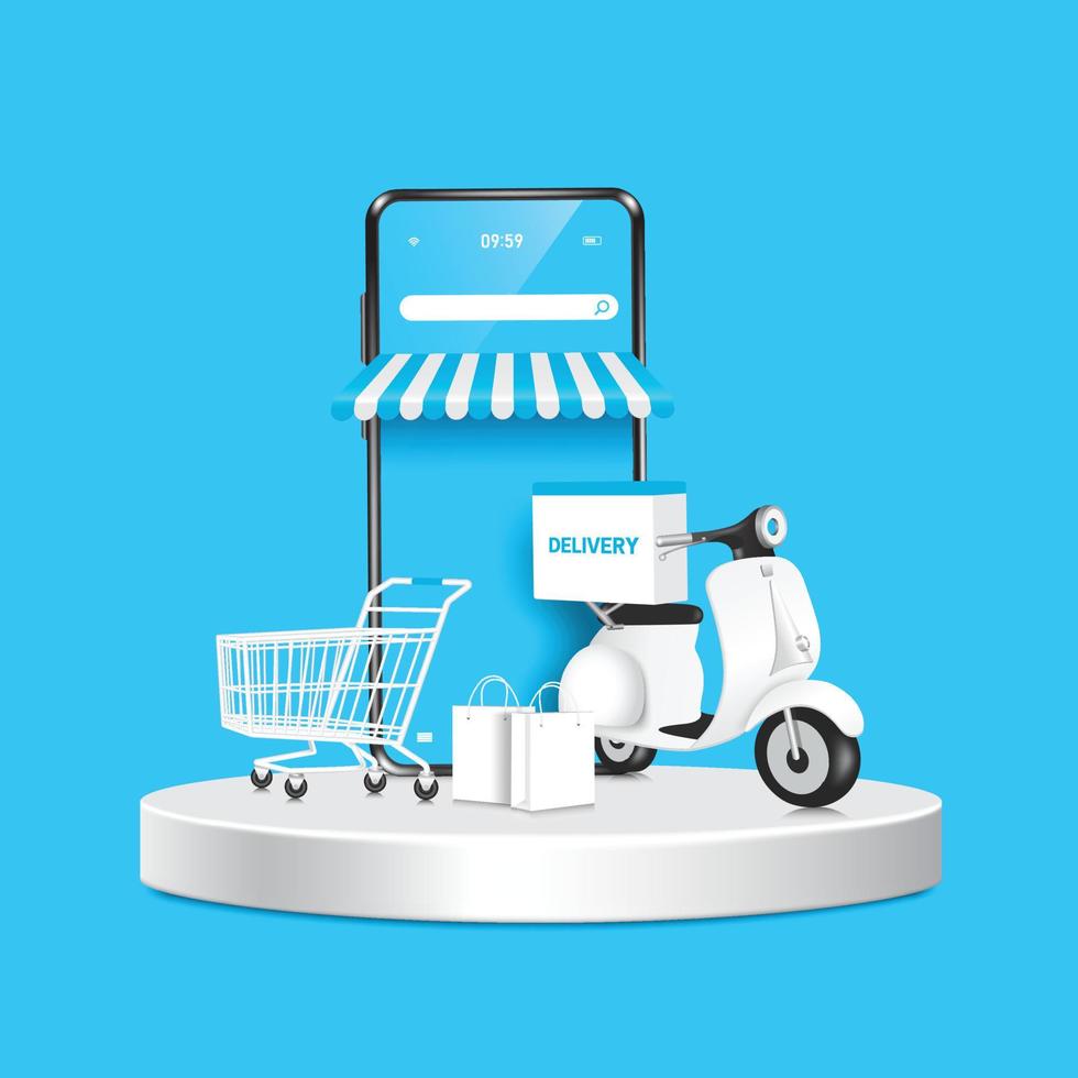 Smartphone Store, Motorbike or scooter, Shopping Cart, and shopping bags place on round podium vector