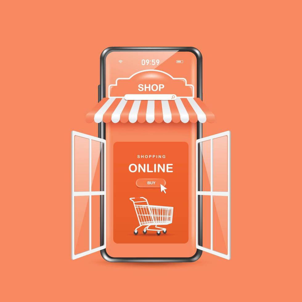 The door to the smartphone shop was opened, and a shopping cart was placed inside vector