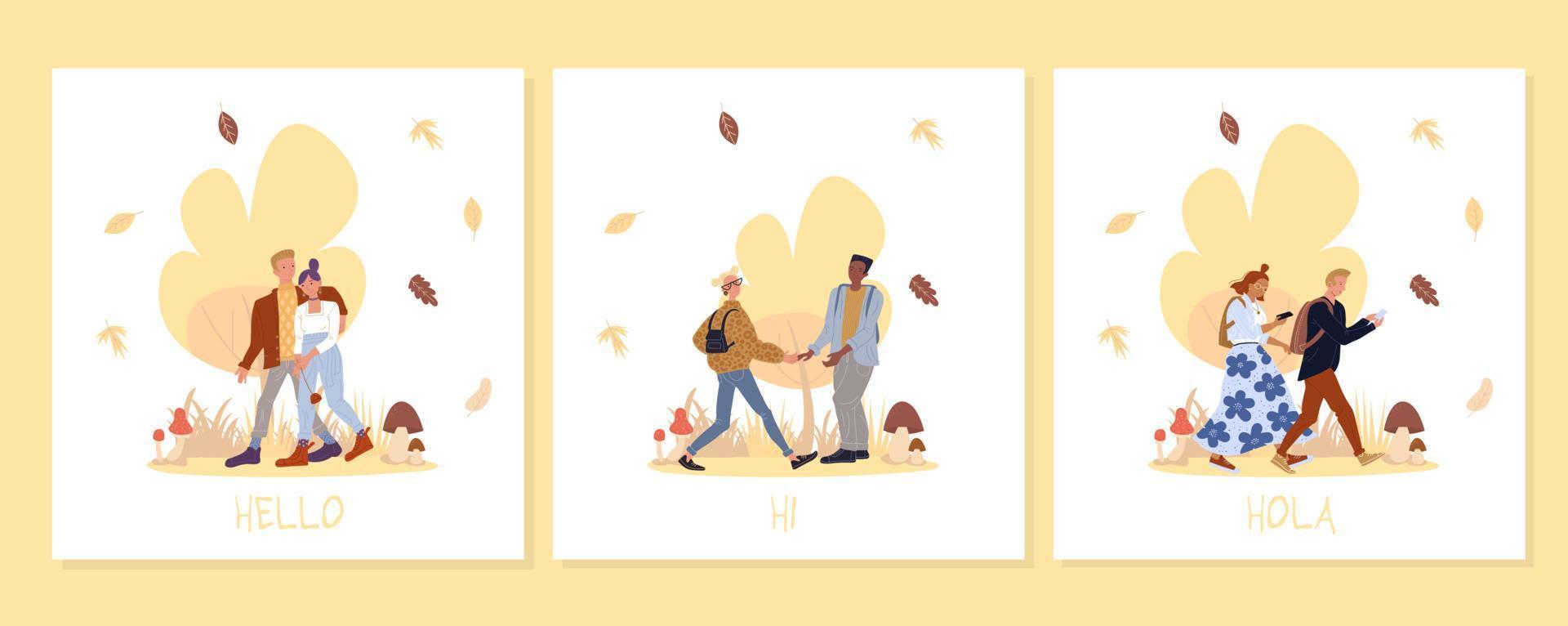 Young people walk in forest on greeting card set vector