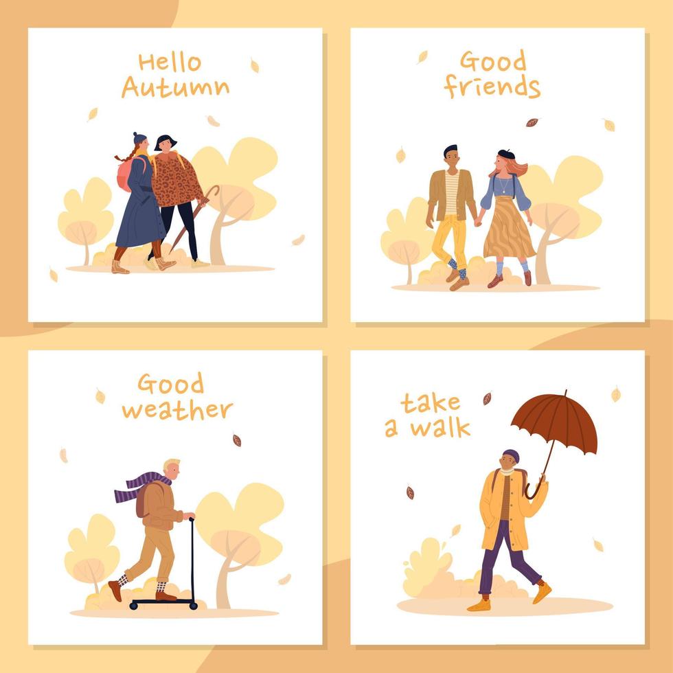 People enjoy life during autumn weather cards set vector