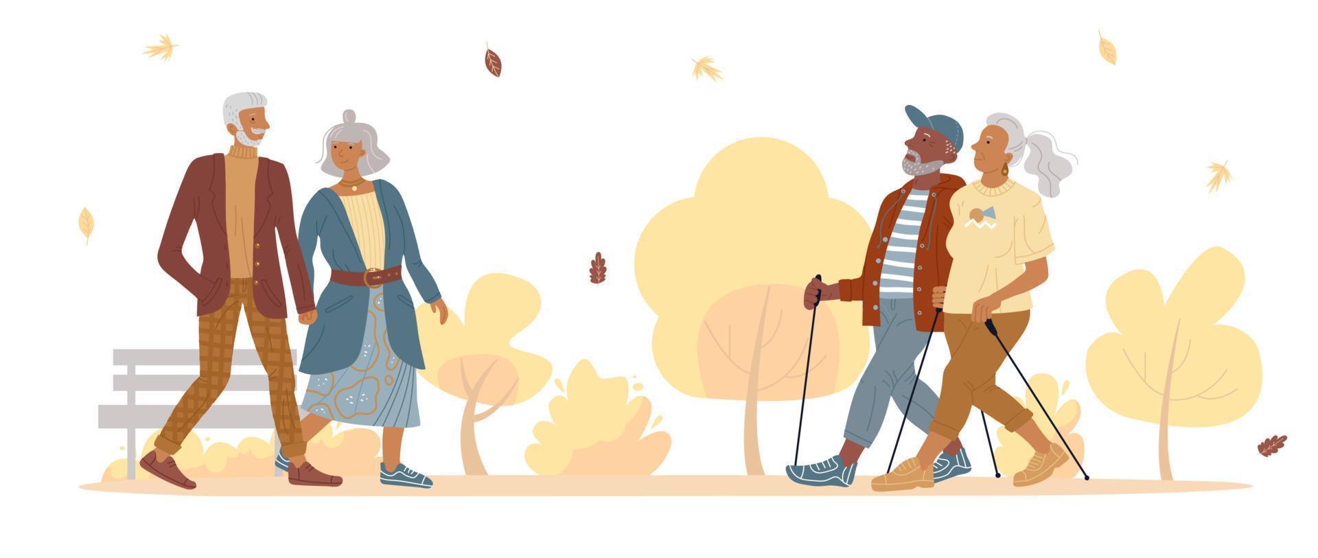 pareja de ancianos maduros caminando en el parque de otoño vector