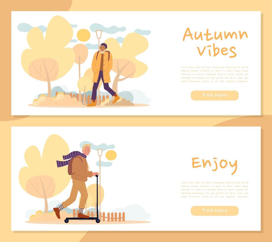 People enjoy cozy autumn vibes header banner set vector