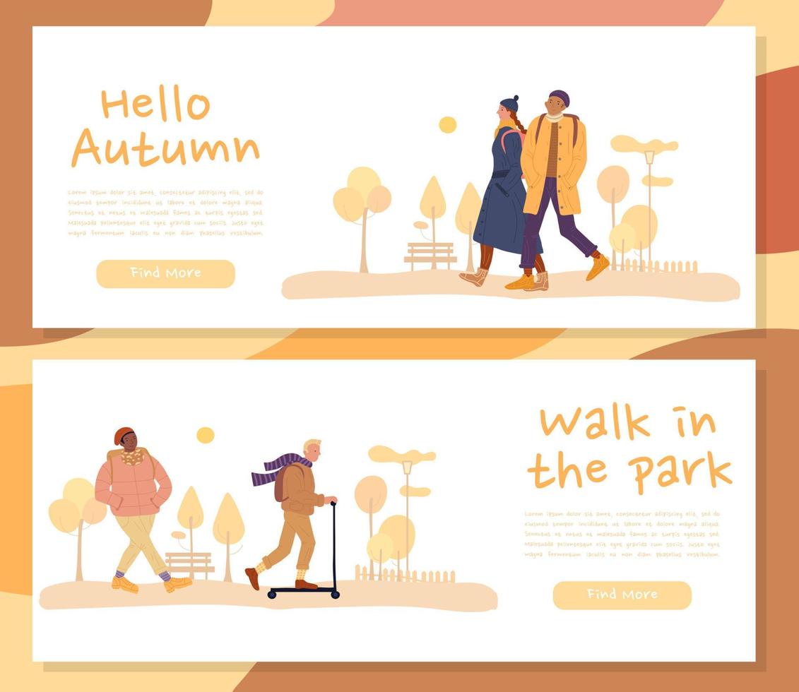 Warmly dressed people on fall header banner set vector