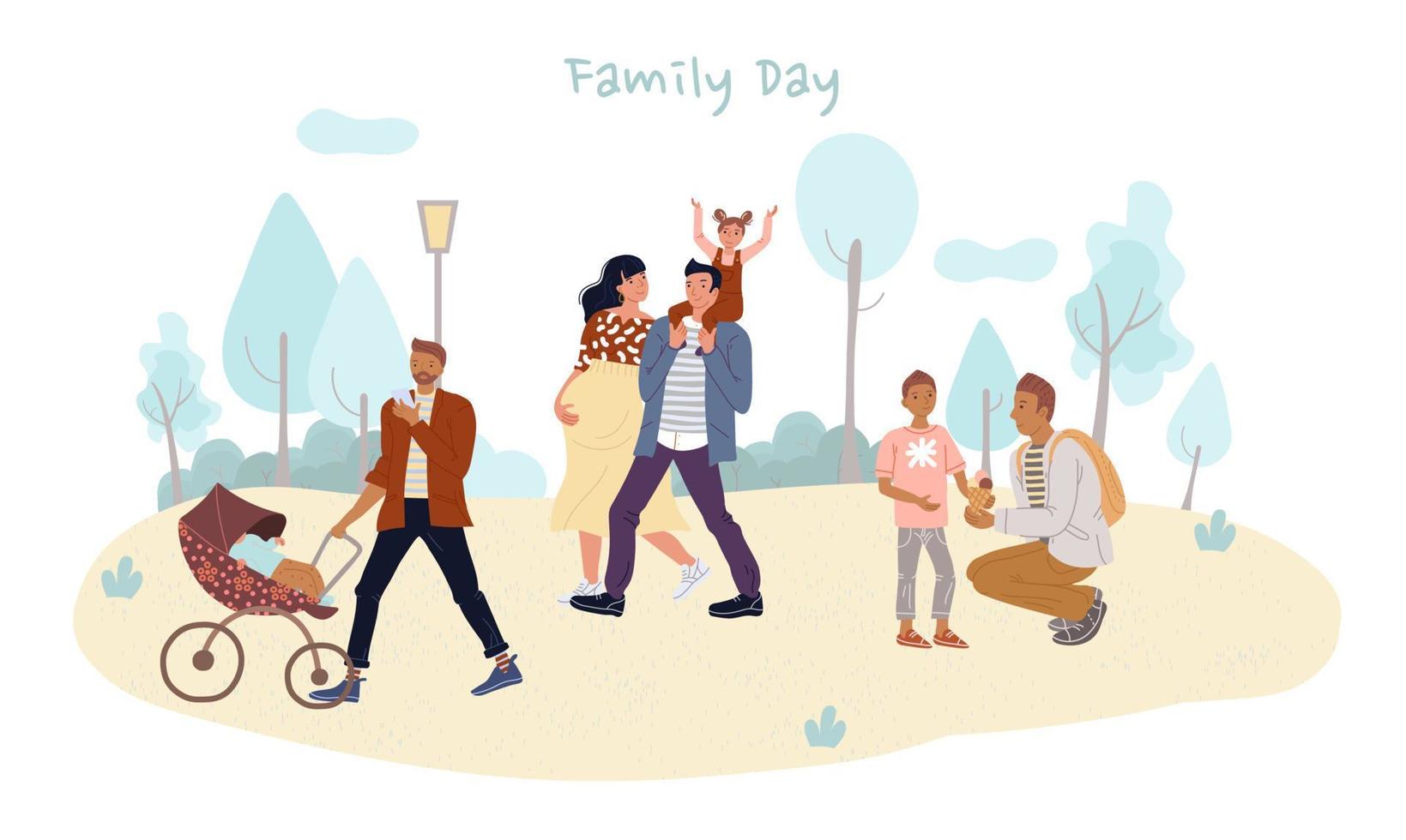 Parent children spend family day outdoor in park vector