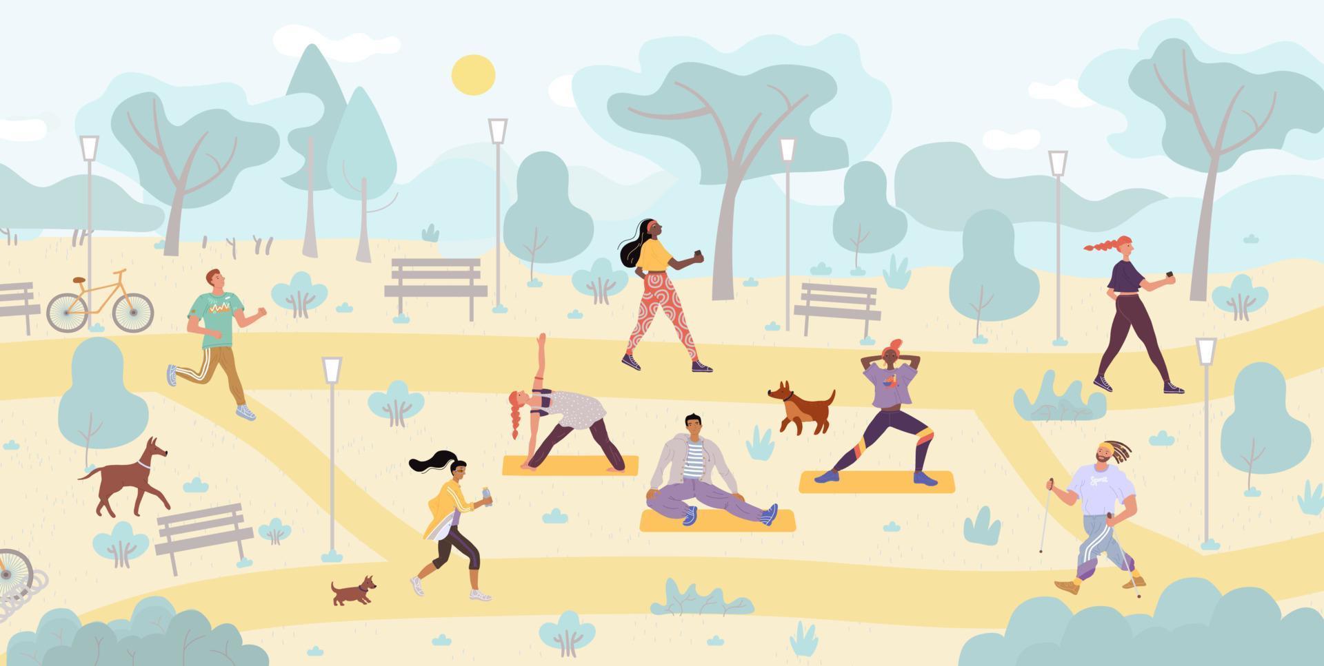 la gente disfruta de la actividad física al aire libre en el parque vector