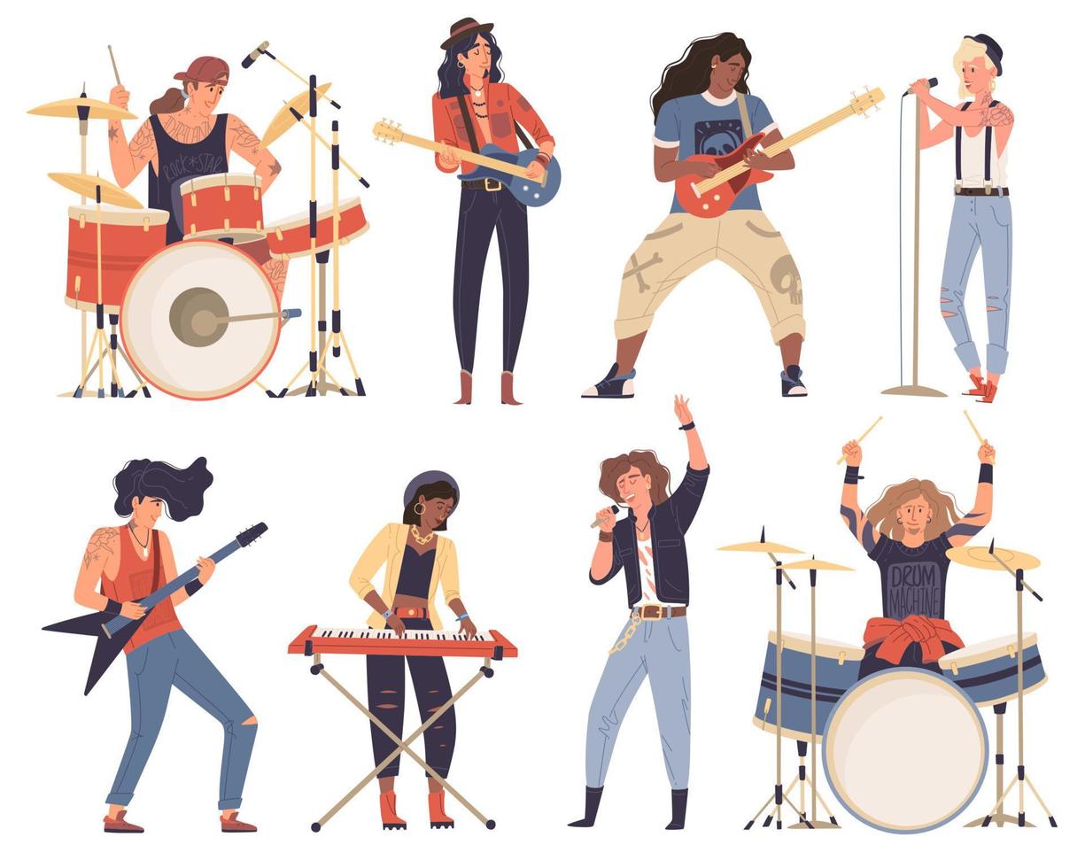 Afro-american, caucasian men, woman, musicians playing musical instruments. Rock band. vector