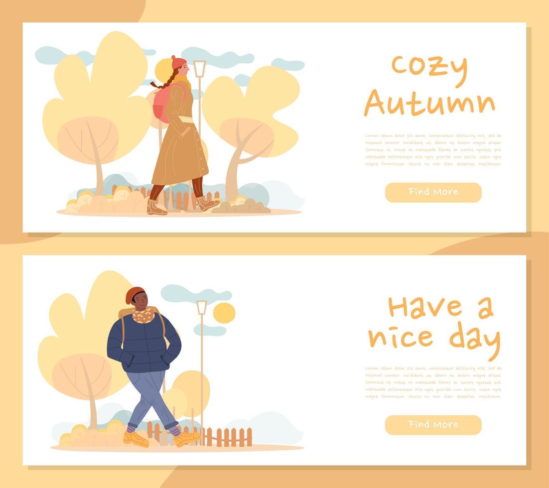 Young man woman take pleasure in cozy autumn set vector