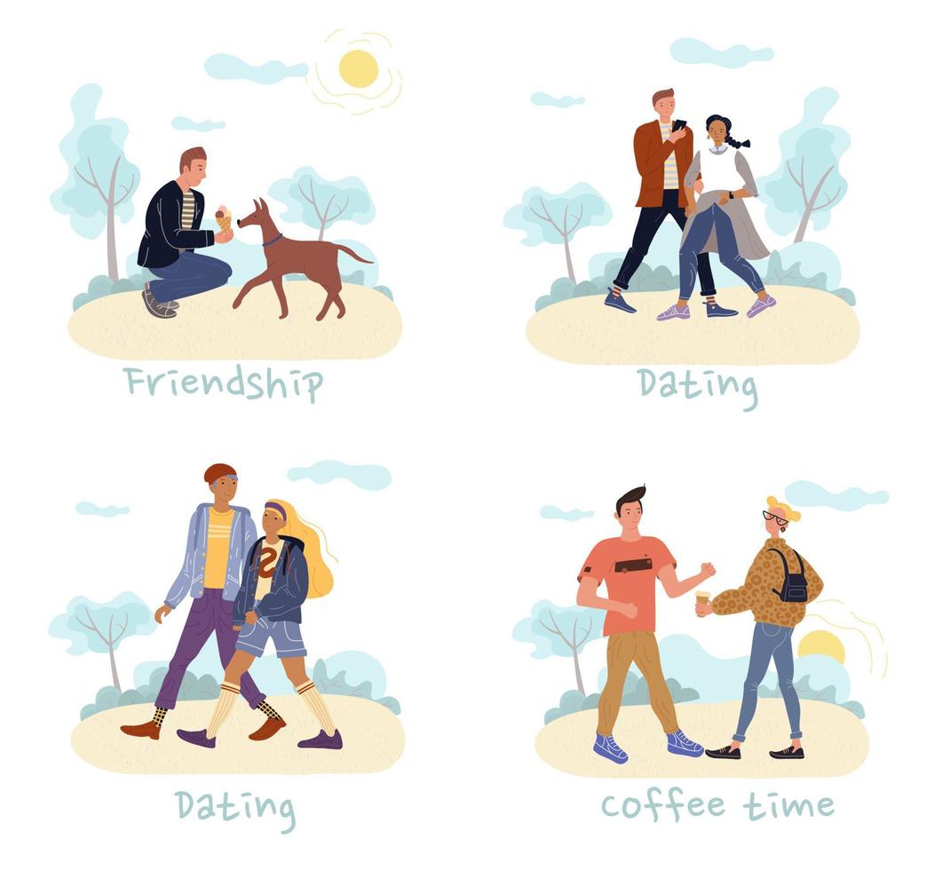 Pet owner, romantic couple, friends people set vector