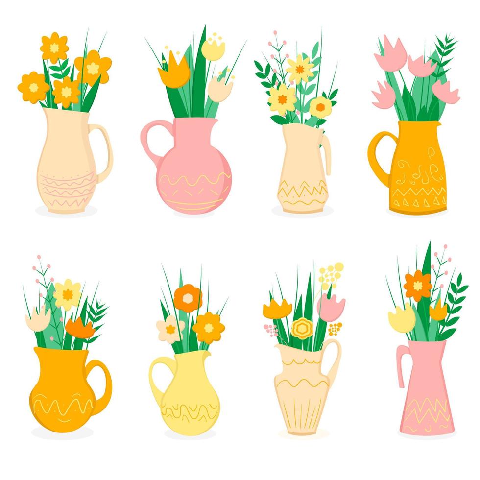 Set of jars with flowers and leaves in a flat style vector