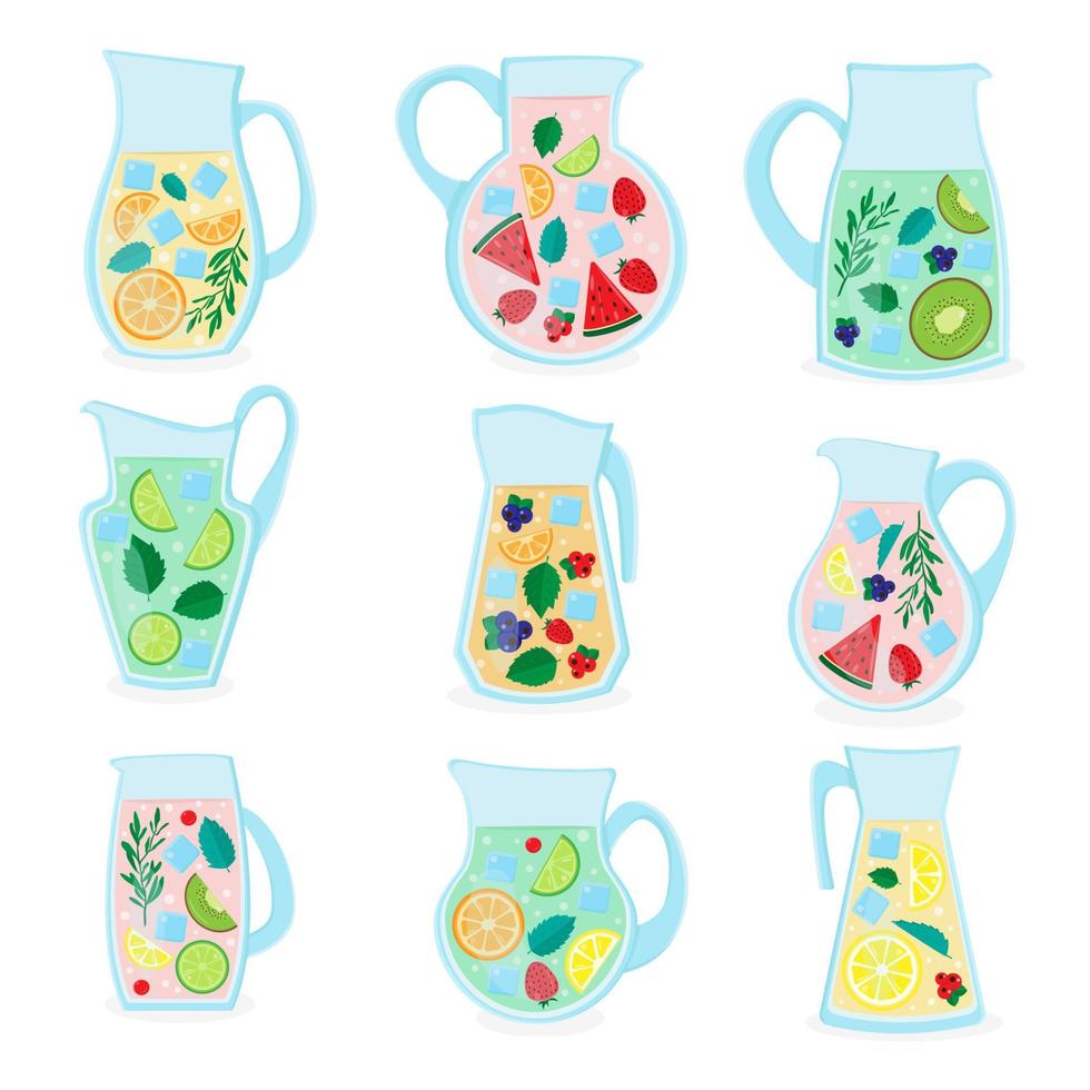 A set of summer cocktails in jugs. Drink with berries, fruits and mint leaves vector