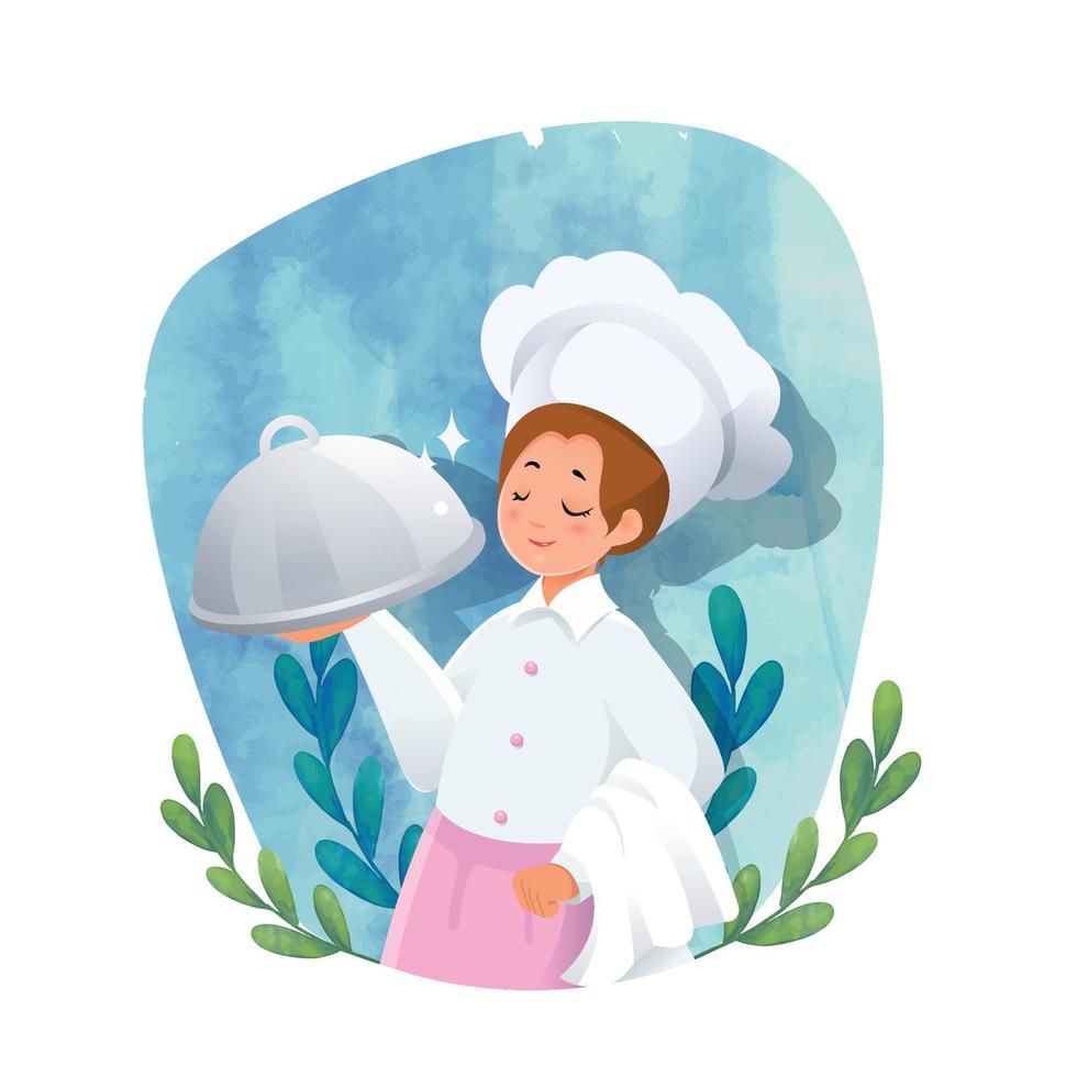 acuarela mujer chef sirviendo su cocina vector