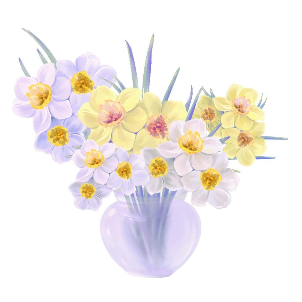 ramo floreciente de flores de narcisos amarillos y blancos en una ilustración de jarrón de vidrio, vector aislado