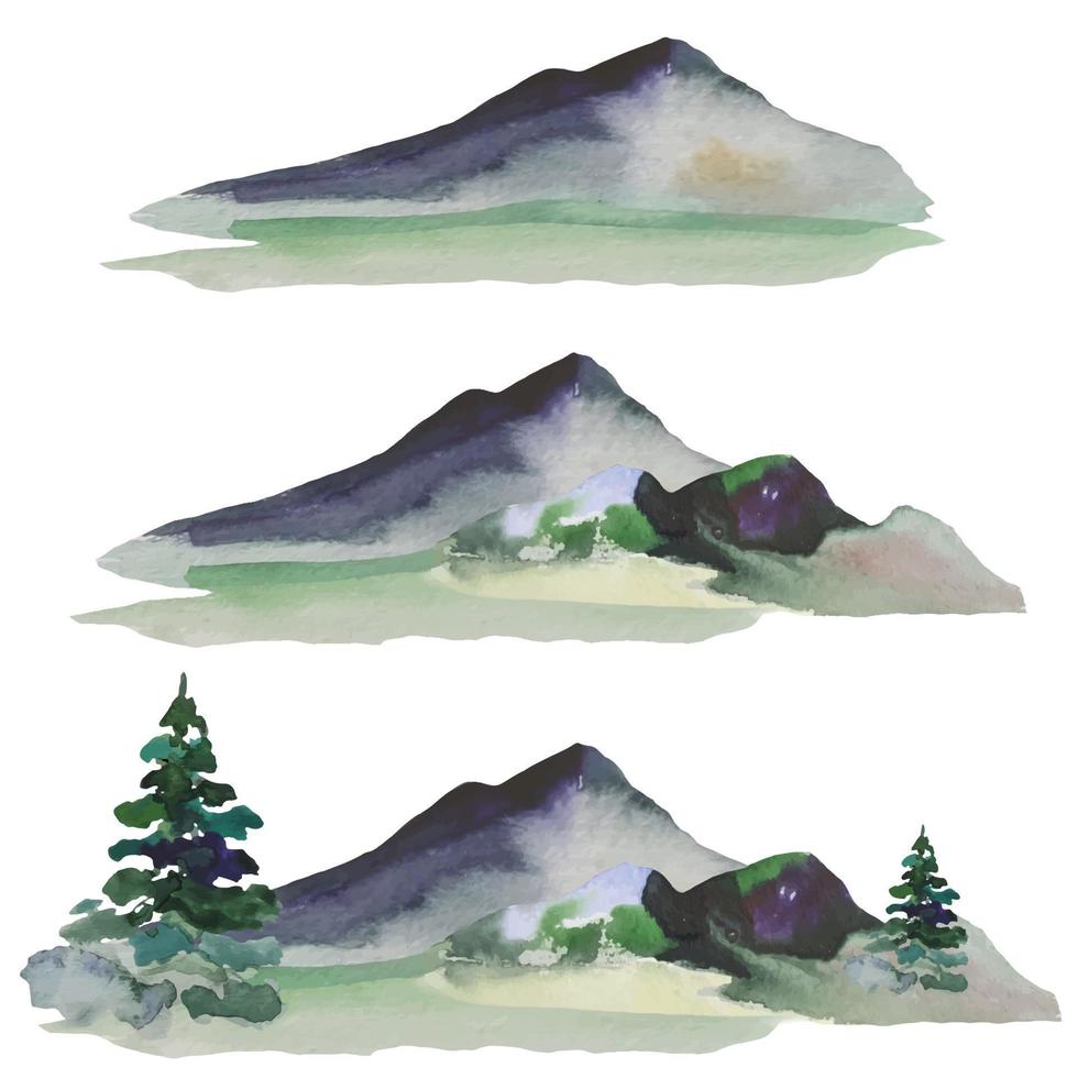 conjunto de paisajes montañosos, montañas en la niebla, ilustración acuarela vector