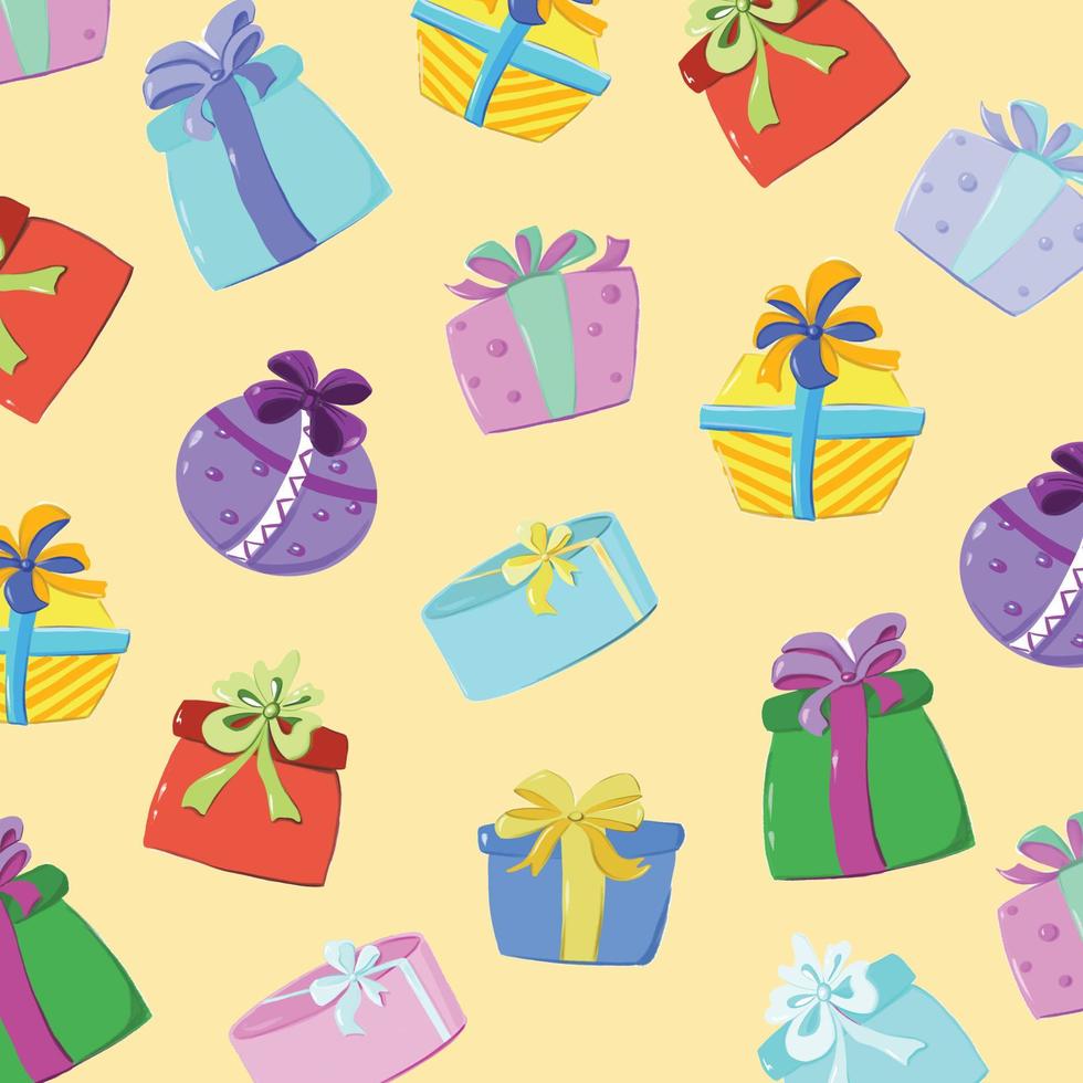 pattern from drawn gift boxes of different colors on a yellow background, side view and top view on boxes vector