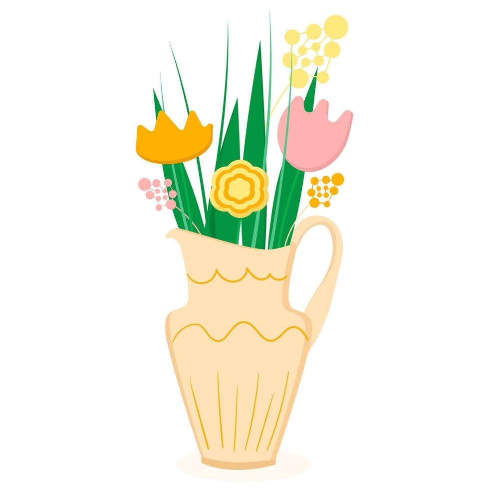 jarra con flores y hojas en un estilo plano vector