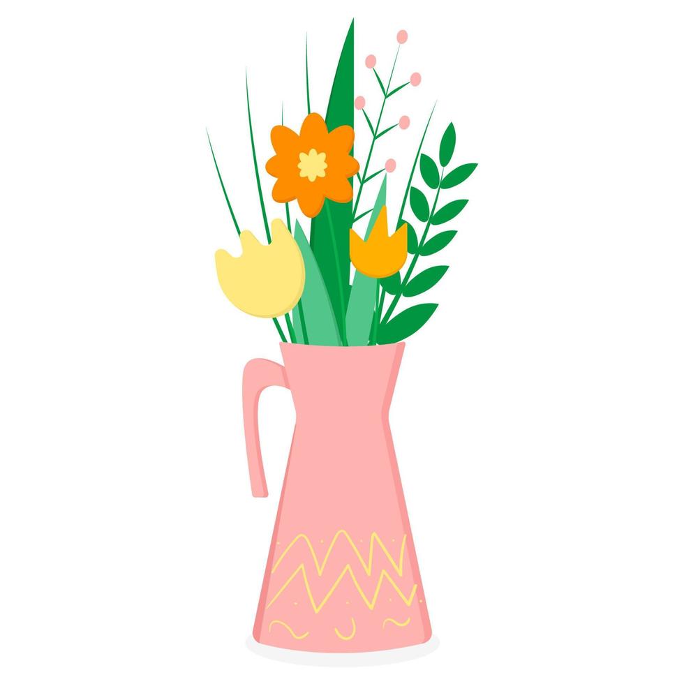 jarra con flores y hojas en un estilo plano vector